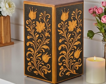 Personalized Wooden Cremation Urn Box | Floral Inlay, Engraved Keepsake