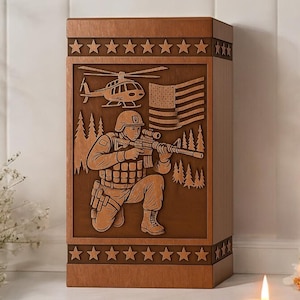 Soldier Engraved Wooden Urn Box – Handcrafted Military Memorial for Ashes | Personalized Solid Wood Cremation Keepsake urn unique urn large