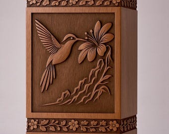 Hand Carved Wooden Cremation Urn with Hummingbird Design