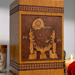 Premium wooden cremation urn box with sci-fi galaxy walker design and intricate space themed engraving creating a unique memorial tribute for ashes.