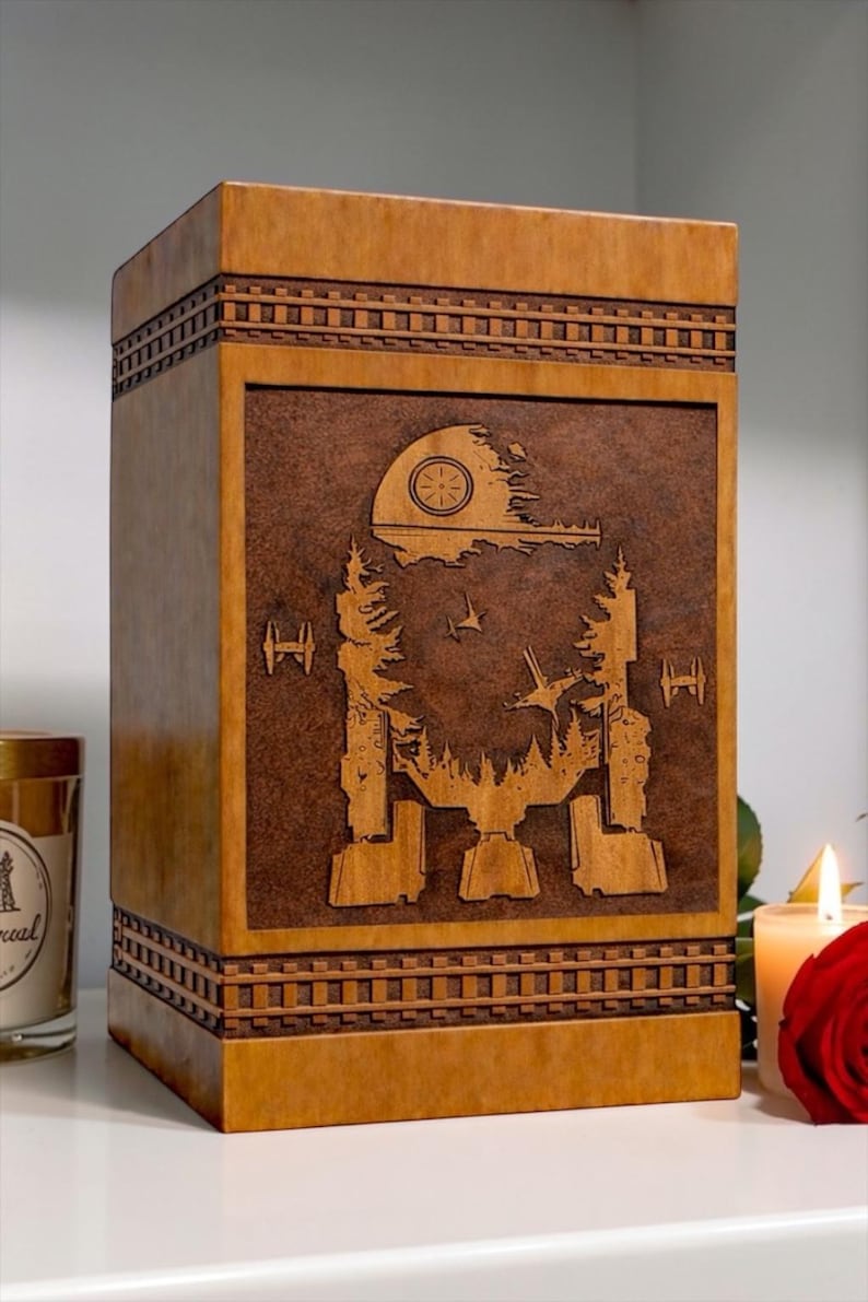 Premium wooden cremation urn box with sci-fi galaxy walker design and intricate space themed engraving creating a unique memorial tribute for ashes.