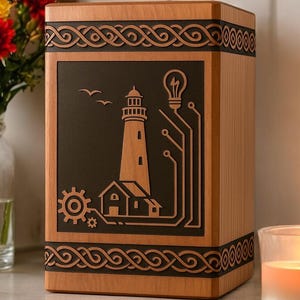 Wooden Urn Box for Human Ashes – Hand Engraved Lighthouse Design | Personalized Memorial Cremation Box | Funeral Keepsake