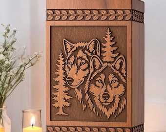 Urna funeraria de madera grabada: diseño de árbol, sol y lobo - Memorial personalizado