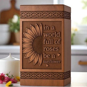 Wooden Urn Box for Human Ashes – Sunflower Engraved Cremation Urn | Personalized Memorial Wooden Box for Adults