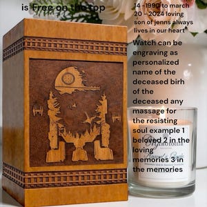 Beautiful handcrafted wooden urn with galactic walker engraving and space battle style artwork designed as a memorial keepsake urn box for honoring a loved one.