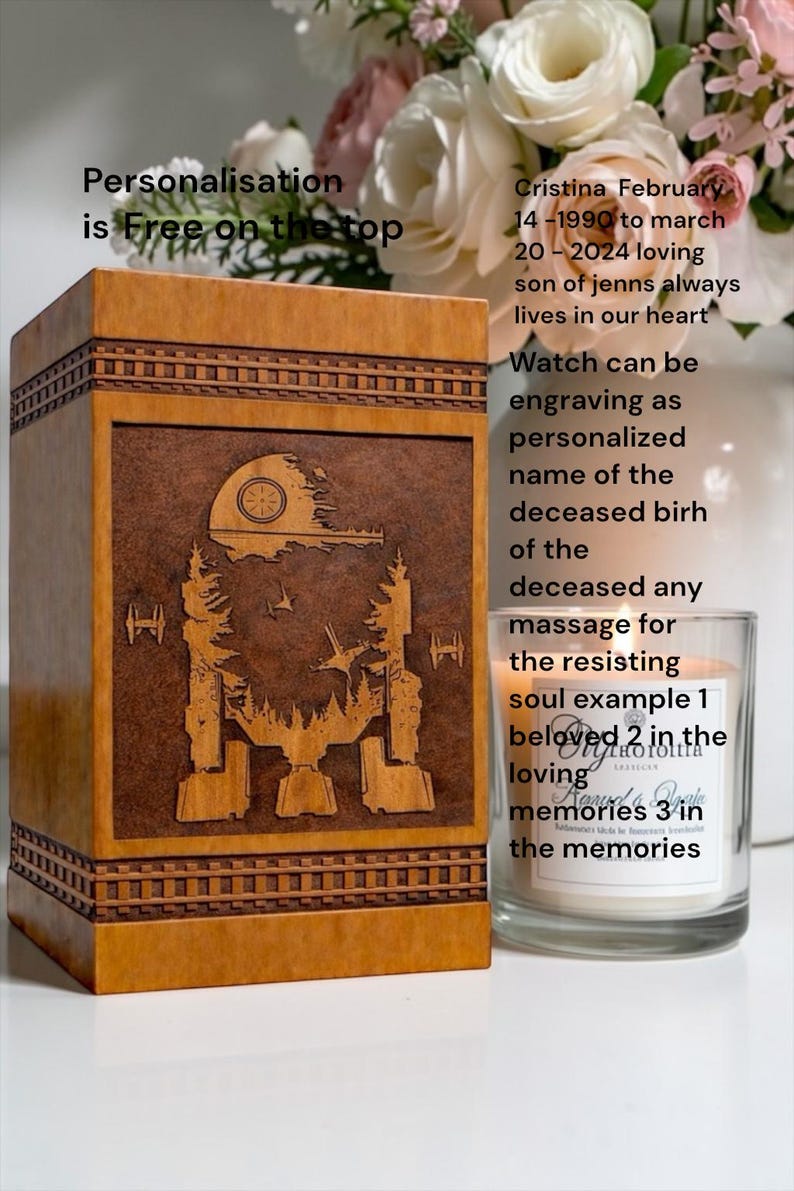 Beautiful handcrafted wooden urn with galactic walker engraving and space battle style artwork designed as a memorial keepsake urn box for honoring a loved one.