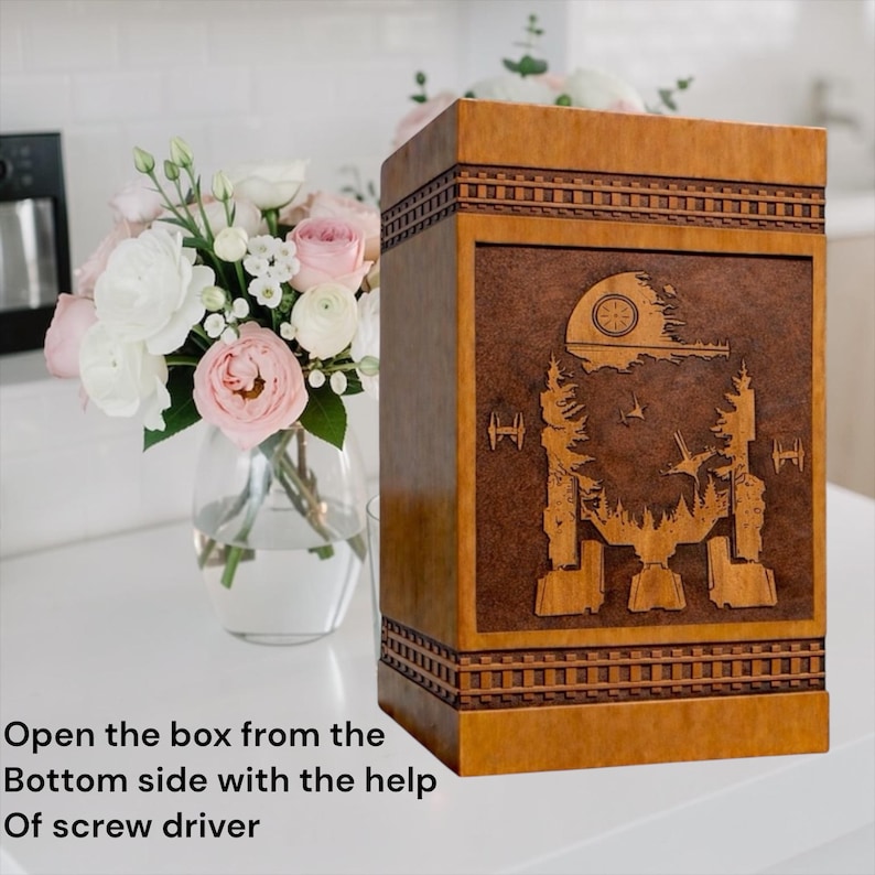 Handmade memorial urn with galaxy walker design featuring futuristic space scene engraved on a warm natural wood cremation urn box.