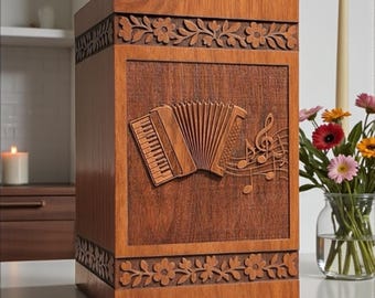 Urna funeraria in legno realizzata a mano con incisione musicale – Urna funeraria commemorativa a fisarmonica per ceneri umane, ricordo di condoglianze
