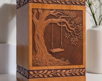 Handcrafted Wooden Urn Box, Tree Swing Engraving, Memorial Keepsake, Personalized Tribute
