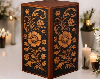Floral Engraved Wooden Urn Box for Ashes | Handcrafted Memorial Cremation Urn | Personalized Funeral Keepsake