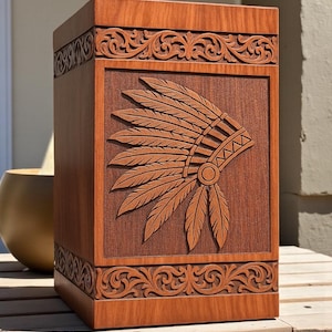 Personalized Engraved Wood Cremation Urn:Handcrafted Wooden Urn with Native American Headdress Carving