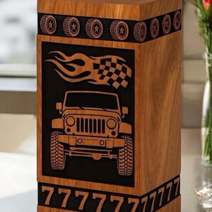 Jeep Urn Box for Ashes – Personalized Wooden Cremation Urn, Hand Engraved Memorial Keepsake for Jeep Enthusiasts
