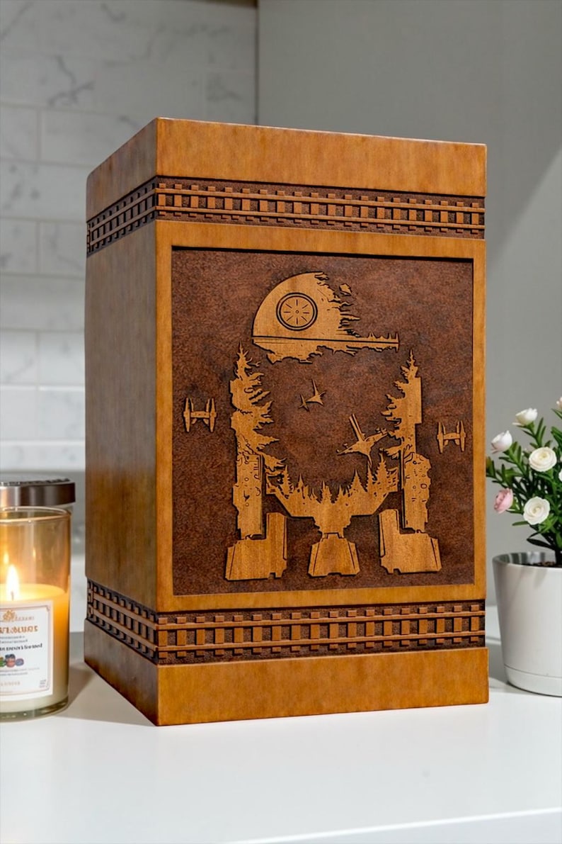 Handmade wooden cremation urn box featuring a detailed Galactic Walker Memorial Design with a sci-fi galaxy scene including space ships and cosmic elements engraved on a premium wooden memorial box for ashes.