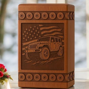 Wooden Urn Box with Jeep Engraved Design – Personalized Handcrafted Memorial Keepsake for Ashes | Custom Engraving, Solid Wood Funeral Urn"