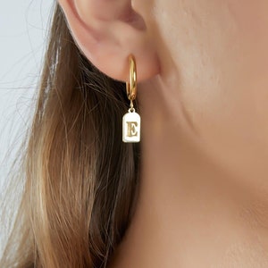 Custom LETTER  Earrings, Personalized Earrings, 14K Gold TAG Initial Earrings, Custom Dangle Earrings, Letter Huggies, Christmas Earrings