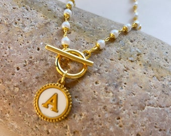 18K Gold Pearl Initial Necklace, Letter Necklace with Toggle Clasp, Gift For Mom, Christmas GIFT, Birthday Gift, Shell Initial Charm