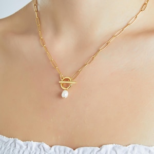 18K Gold Paperclip Chain Pearl Toggle Necklace • Dainty Toggle Charm Necklace in Gold  • Bridal Jewelry • Birthday Gift