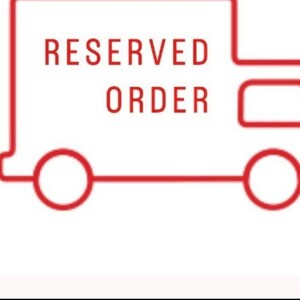 May include: A red line drawing of a delivery truck with the words "RESERVED ORDER" inside. The truck has three lines behind it, suggesting speed.