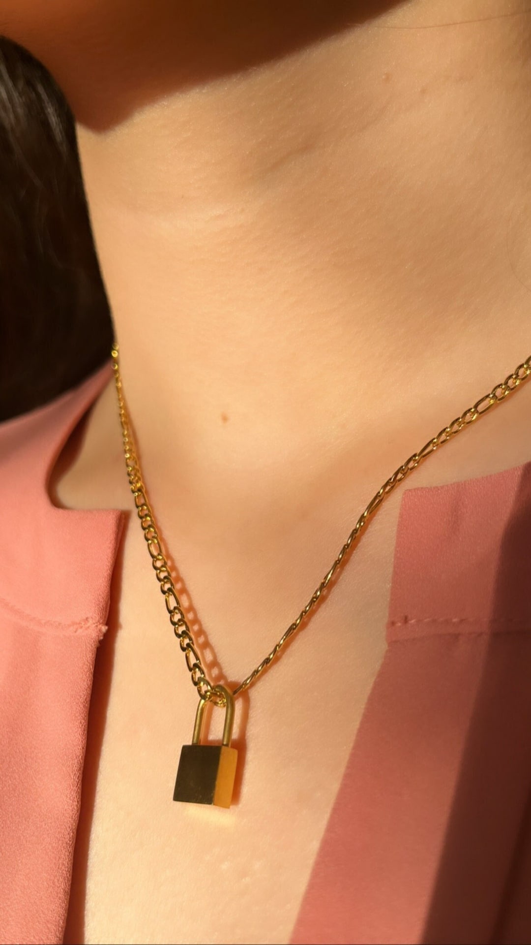 18K Gold Padlock Charm With Figaro Chain Lock Layering Necklace Padlock