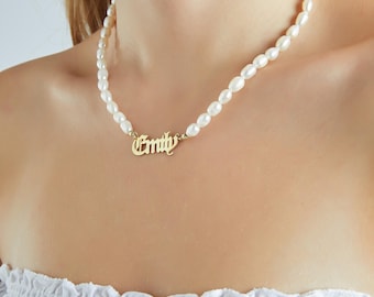 Pearl Necklace for Mothers Day • Custom Name Necklace Gift •  Pearl Chain Personalized Gold Name Necklace • Minimalist Custom Name Necklace