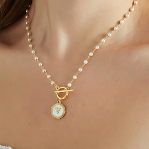 18K Gold Pearl Initial Necklace, Letter Necklace with Toggle Clasp, Gift For Mom, Christmas GIFT, Birthday Gift, Shell Initial Charm