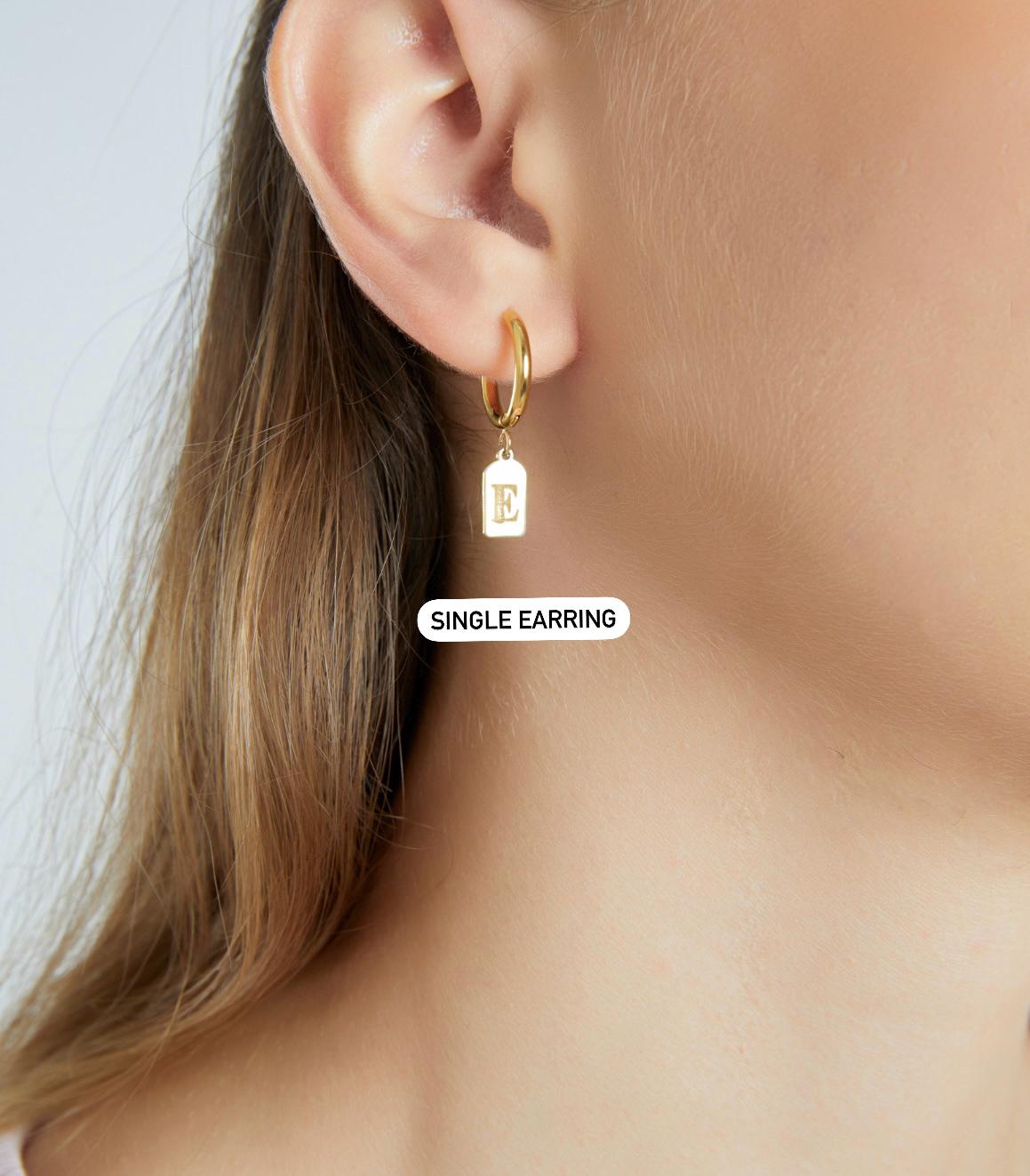 14K GOLD Initial Tag Charm Earrings • Initial Hoop Earrings