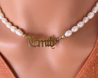 Pearl Name Necklace • 18K Gold English Name Necklace • Custom Necklace for Christmas Gift • Personalized Jewelry • Pearl Necklace for MOM