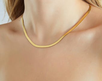 18K Gold Herringbone Chain Necklace, Mother's Day Gift, Snake Chain Necklace, Layering Necklace, Waterproof Necklace, Gift For Her