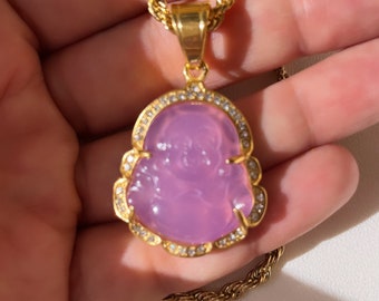 18K Gold Lavender Jade Buddha Necklace, Unisex Buddha Necklace, Jade Buddha Necklace, Gift For Mom, Christmas Gift, Gift for Him