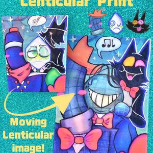 Puede incluir: Una impresión lenticular con personajes de Deltarune, que muestra el texto "Deltarune Mike Lenticular Print" y "Moving Lenticular image!". La obra de arte presenta figuras de dibujos animados en azul, morado y rosa, con bocadillos y notas musicales.