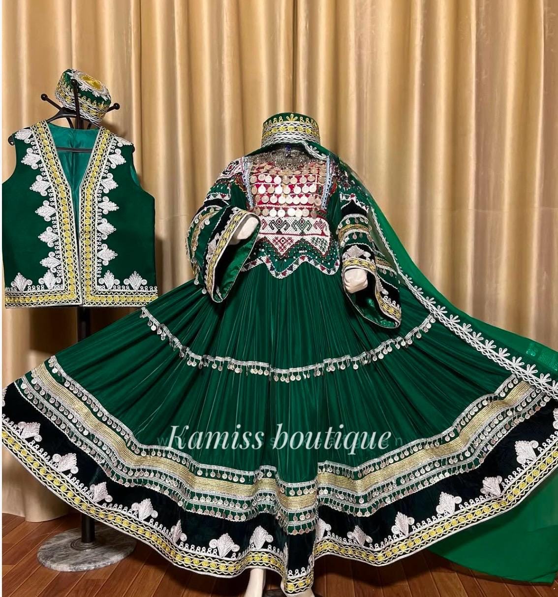 Green Afghan Traditional Dress with Vest