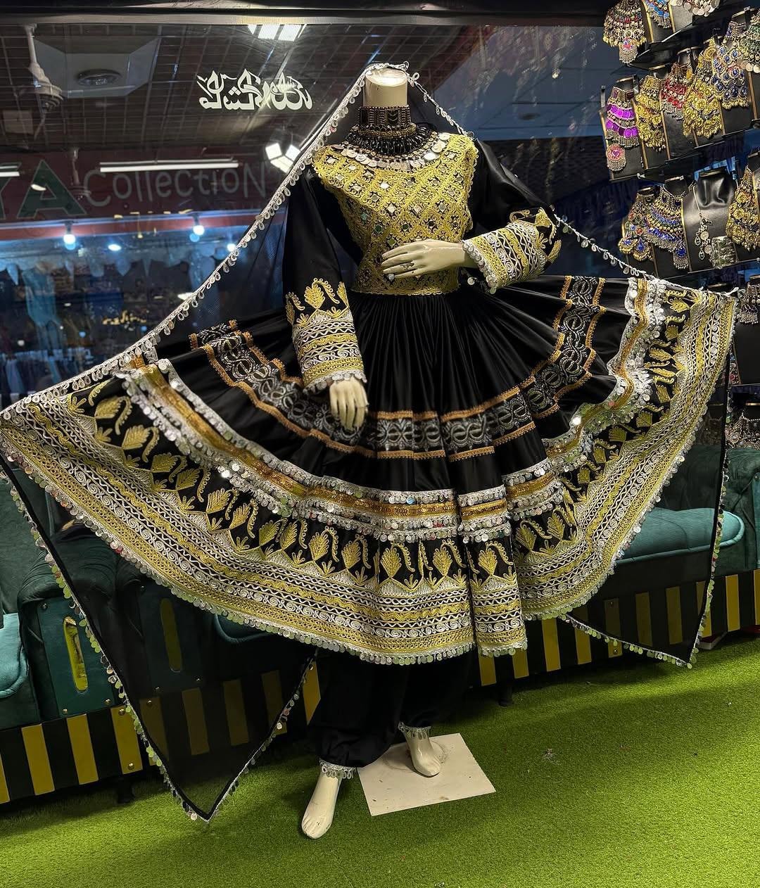 Handmade Kuchi Dress | Black and Gold Afghan Gown, Embroidered Scarf and Pants