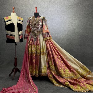 Afghan Traditional Bridal Dress | Handmade Kuchi Gown with Embroidery & Jewelry | Cultural Wedding Outfit with Long Train