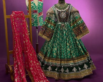 Afghansk brudklänning Grön broderad brudklänning Traditionell outfit