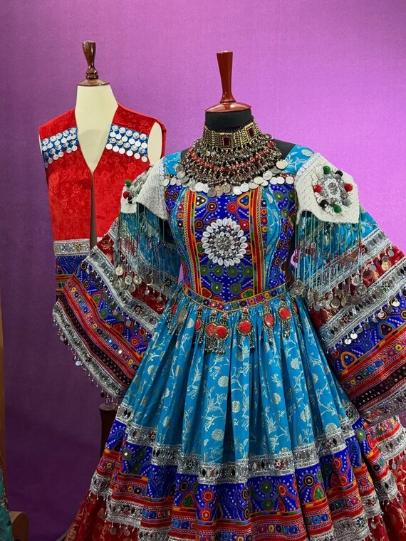 Turquoise Afghan Kuchi Dress - Handmade Tribal Embroidered Dress with Coins, Traditional Ceremonial Wear