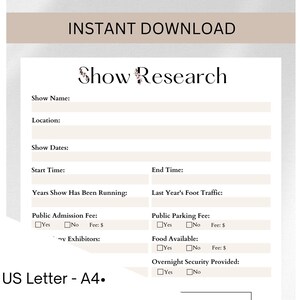 Craft Show Research Form, Craft Show Planner, Craft Fair Research, Printable, Trade Show, Handmade Business Forms, Show Planner