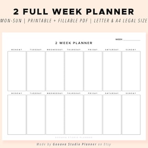 May include: A printable two-week planner with a black and white design. The planner has spaces for each day of the week, Monday through Sunday, and includes the text "2 Week Planner" and "Week:".