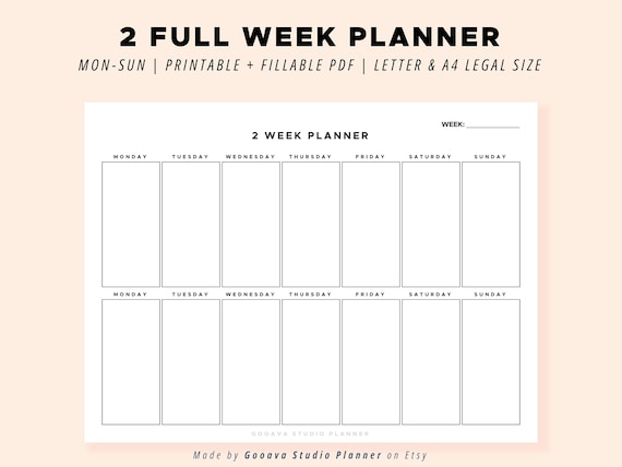 2 FULL WEEK Planner Blank Minimalistic Printable Landscape Schedule Calendar for Weekly Organizer, Office Planner, Desk Planner, Mon to Sun
