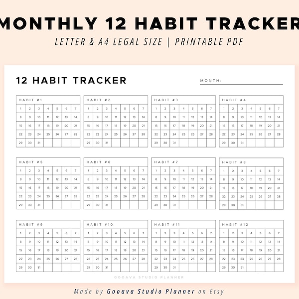 Monthly 12 Habit Tracker Printable Landscape Template Instant Download, Routine Tracker, 30 Day Habit Challenge, A4/Letter