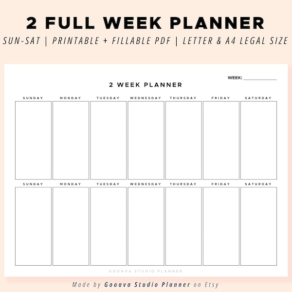 2 Full Week Planner Blank Minimalistic Printable Landscape Schedule Calendar for Weekly Organizer, Office Planner, Desk Planner, Sun to Sat