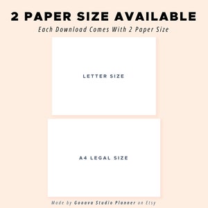May include: Two white rectangles with black text on a light pink background. The top rectangle says "LETTER SIZE" and the bottom rectangle says "A4 LEGAL SIZE". The text "2 PAPER SIZE AVAILABLE" is at the top of the image. The text "Each Download Comes With 2 Paper Size" is below the text "2 PAPER SIZE AVAILABLE". The text "Made by Gooava Studio Planner on Etsy" is at the bottom of the image.