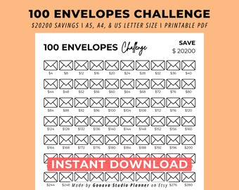 100 druckbare Umschläge Challenge Savings Goal Digitaler Download, 20200 Savings Cash Challenge Tracker, 100 Tage Money Savings Challenge PDF
