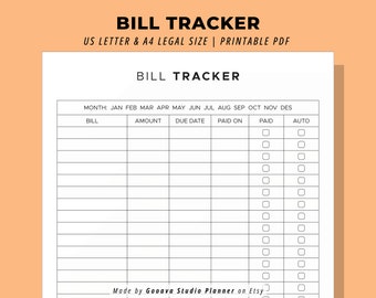 Monatliche Digitale Bill Zahlung Tracker Druckbare Vorlage Bill Pay Scheck Tracker A4 und US Letter PDF Planer