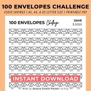 Download digital para impressão, desafio de 100 envelopes, meta de economia, desafio de rastreador de economia de dinheiro 5050, desafio de economia de dinheiro de 100 dias