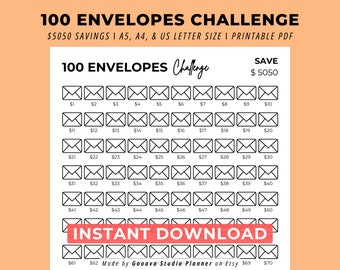 100 Umschläge Challenge Sparziel druckbarer digitaler Download, 5050 Saving Cash Tracker Challenge, 100 Tage Geldspar-Challenge
