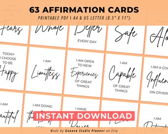 63 positive Affirmationskarten-Deck zum Ausdrucken im PDF-Format, digitale Karten zum Manifestieren und Gesetz der Anziehung, Selbstfürsorge und Vision Board-Ausdrucke