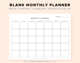 Blank Minimalistic Monthly Planner Printable Landscape Schedule Calendar for Monthly Organizer, Office Planner, and Desk Planner