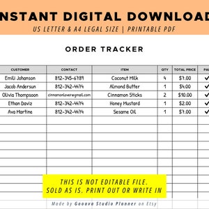 ORDER TRACKER Order Log Minimalist Instant Digital Download Printable ...