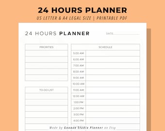 24-Stunden-Tagesplaner, druckbare tägliche To-Do-Liste für Arbeit und Privatleben, Produktivität, Alltag und Tagesplaner, druckbares PDF