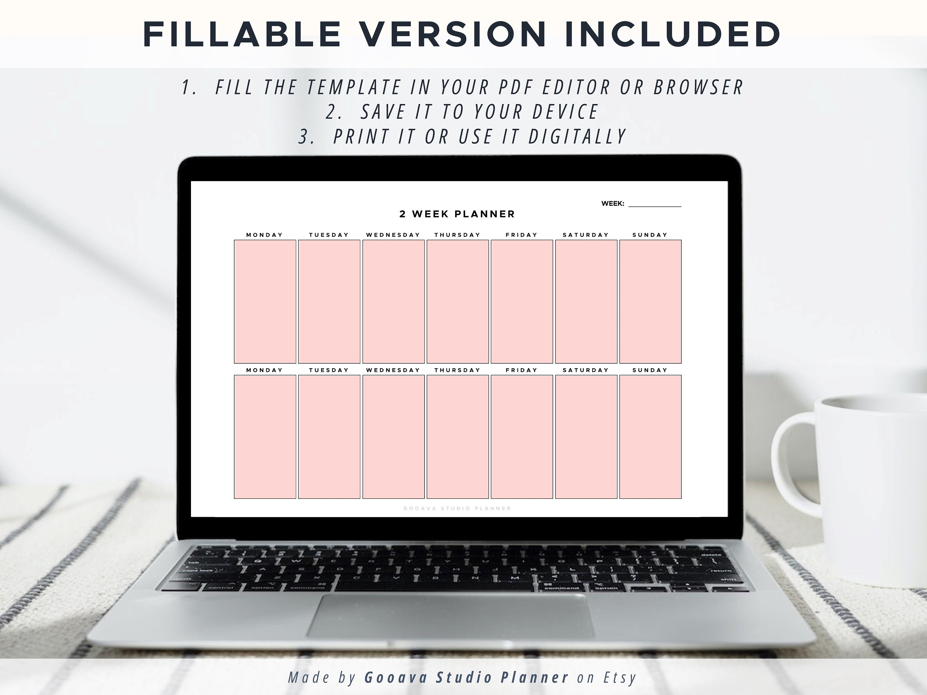 2 FULL WEEK Planner Blank Minimalistic Printable Landscape Schedule ...